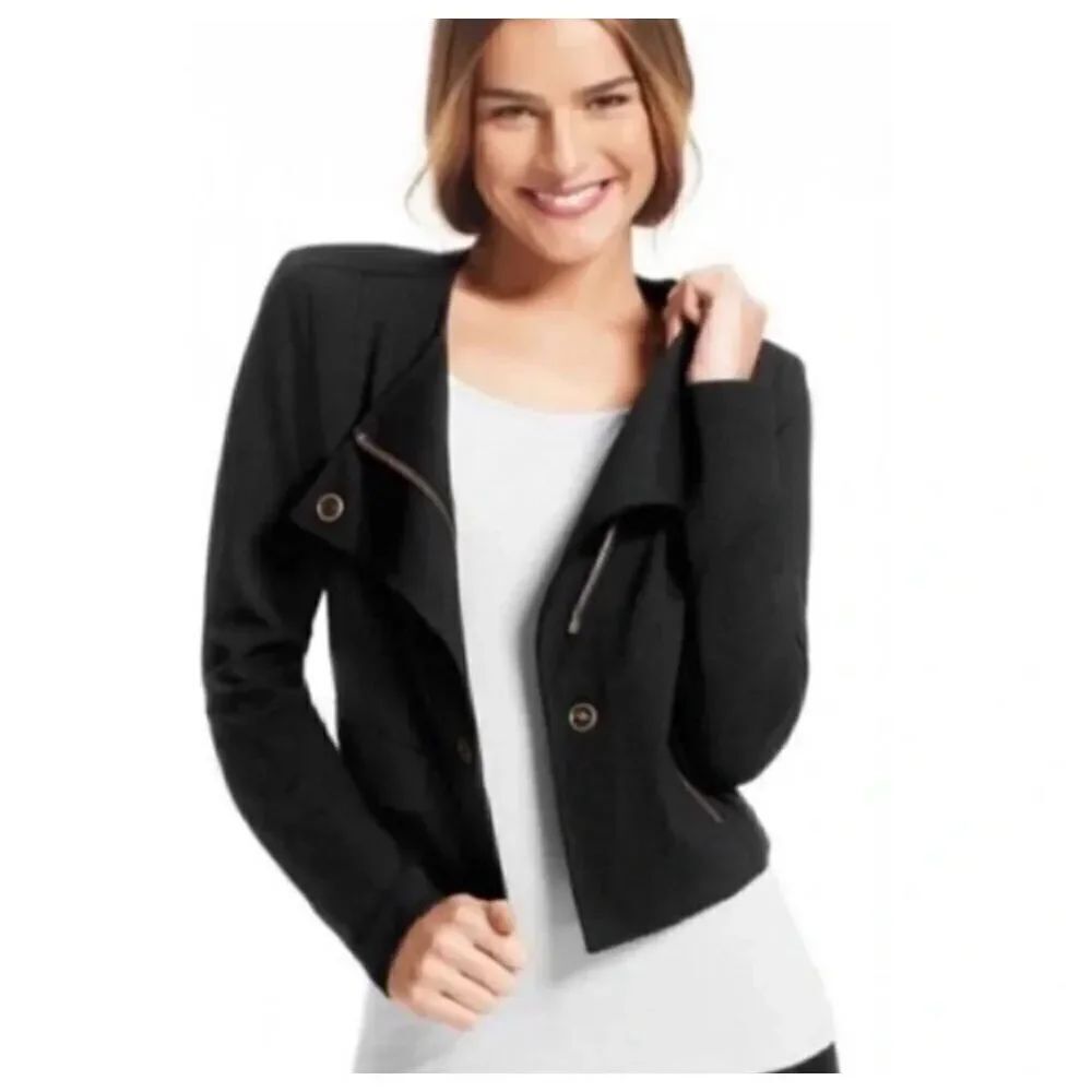 CAbi black ponte knit moto M classic minimalist jacket